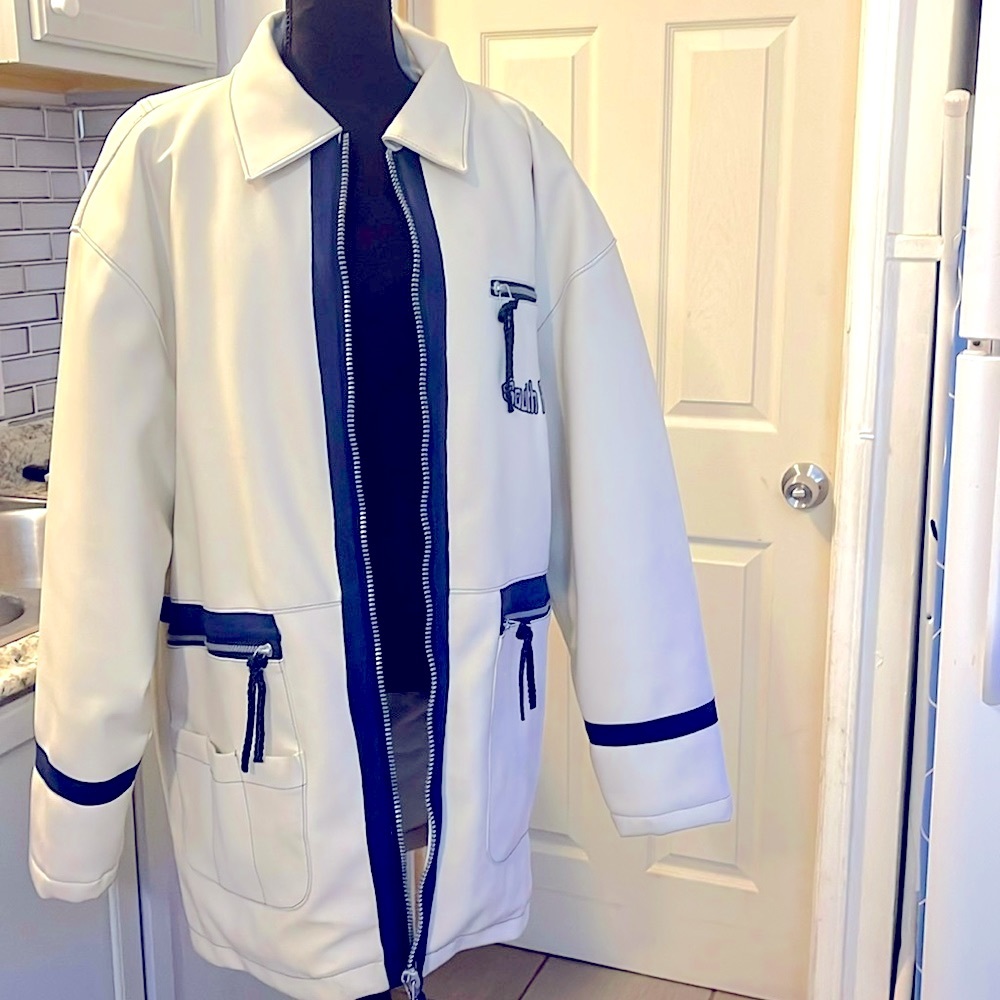 South Pole, quarter length coat, size med, cream color, blue trim, gray lining,